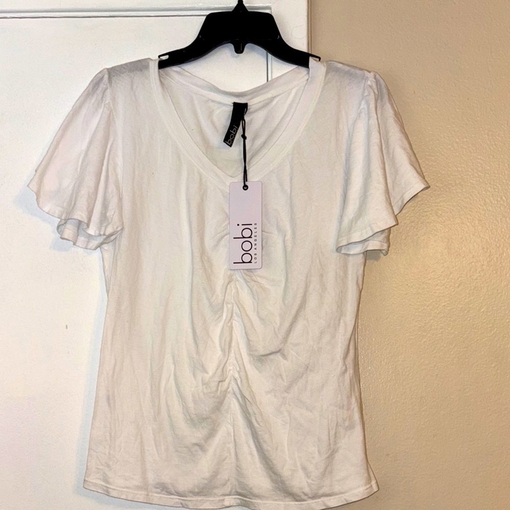 Bobi White Ruched Fitted Short Sleeve T-Shirt